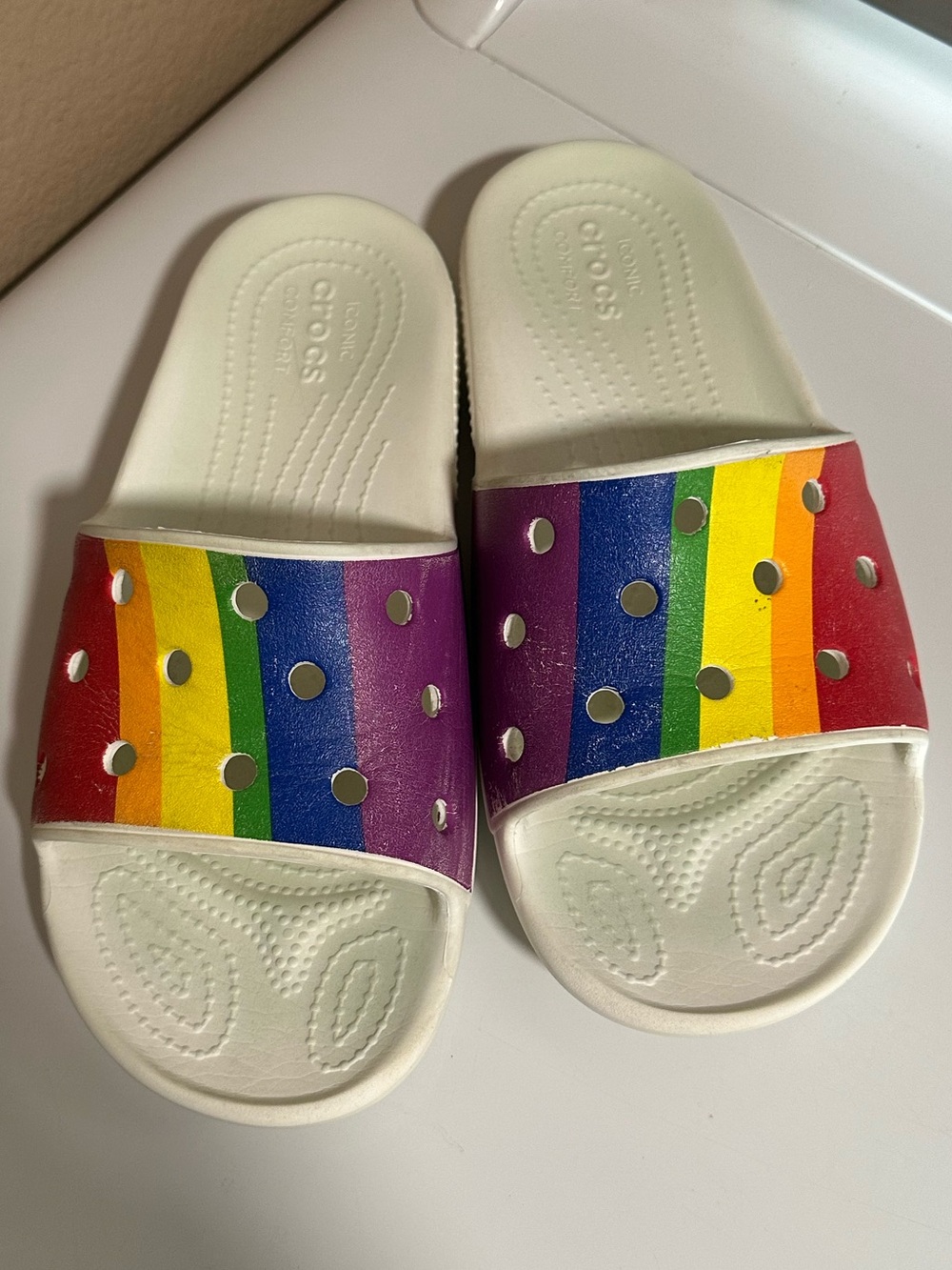 Rainbow Crocs Slides